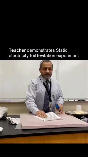 Technology on Instagram: "A teacher demonstrates a static electricity foil levitation experiment ⚡🧲 In this fascinating classroom experiment, a small piece of aluminum foil is brought near a charged object, like a balloon or a plastic rod rubbed with wool. The static charge on the object creates an electric field that induces an opposite charge on the foil. Because like charges repel, the foil is lifted into the air, seemingly floating on its own! By adjusting the distance or the amount of char