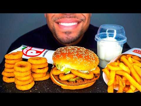 ASMR EATING BURGER KING JERRY IMPOSSIBLE WHOPPER CHEESE CRISPY ONION RINGS FRIES ICE CREAM MUKBANG