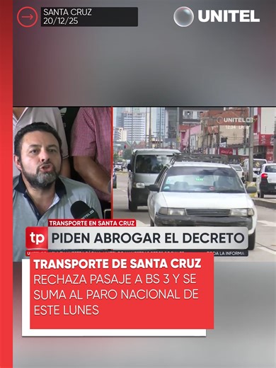 Paul Lobo, dirigente del transporte, confirmó que el sector en Santa Cruz se mantiene firme en su rechazo al pasaje a Bs 3 y ratifica su adhesión al paro nacional programado para este lunes. #Unitel #Bolivia #Economía #SantaCruz #Transporte