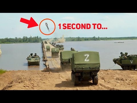 Russian Military Convoy Trapped on Pontoon Bridge Moments Before HIMARS Strike!