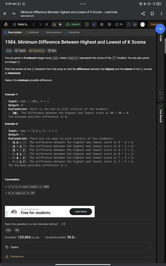 LeetCode 1984 Daily Challenge | Minimum Difference Between Highest and Lowest | Sorting | Interview