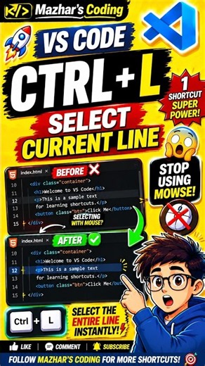 VS Code Ctrl + L Shortcut | Select Current Line Fast! ⚡ #mazharscoding 🤯