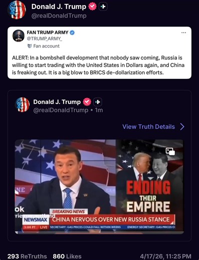 President Trump reshared this video about the BRICS alliance, a parallel financial and political system that WAS directly challenging U.S. dominance and the USD. President Trump is strategically dismantling it: "Being nicer to Russia is because, and China’s freaking out about this, Russia is now willing to start trading on the US dollar again and not in the BRICS currency to join the global market. This would absolutely spell the end of China as we know it. Russia is the last piece of the puzzle