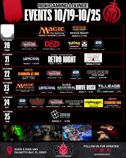 THIS WEEK AT ROK GAMING LOUNGE 🎲 Swipe through for the full weekly lineup! 👉 The big ones: 🃏 MTG RCQ: Fight for a spot in the Regional Championship pipeline. October 24,2026 @ 12PM 🌟 Lorcana 2-Case Tournament: Two cases of prize support on the line, so bring your best deck. October 24,2026 @ 12:00PM 🗳️ Early Voting Kickoff Event: Presented with Village Esports & Entertainment. Come kick off early voting with us at Rok. October 23,2026 @ 6PM Plus our regular weekly events, so there’s always 