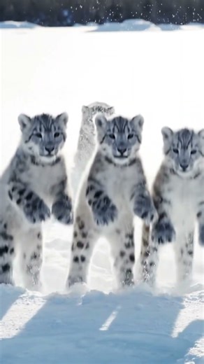 A Snow Leopard Leading Her Cubs Through Endless Snow