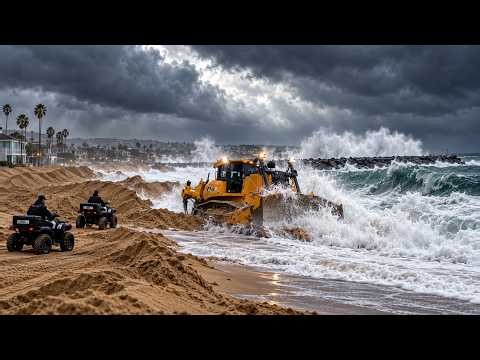 POLICE SHUT DOWN THE WEDGE! Bulldozer Race against Massive Waves in Newport Beach!