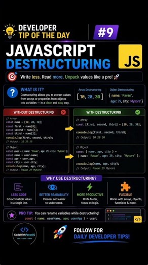 🚀 Write Less JavaScript with Destructuring! 🤯 | Developer Tip #9 #shorts