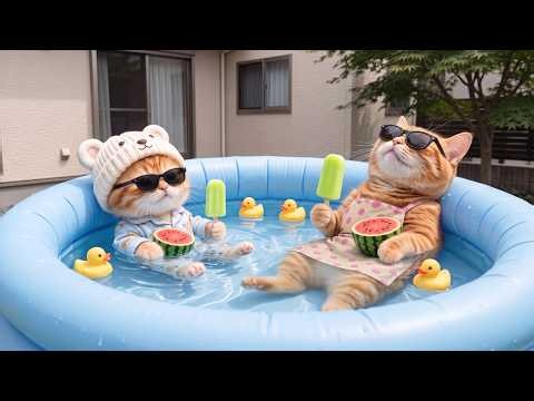 Mama Cat & Ginger Kitten Beat the Heat With a Tiny Pool, Watermelon & Ice Cream 🌞🏖️🍉🍦
