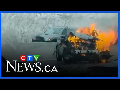 Supplied video shows vehicle on fire in Highway 400 crash