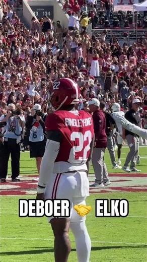 Alabama’s Kalen DeBoer and Texas A&M’s Mike Elko speak at midfield before kickoff #RollTide
