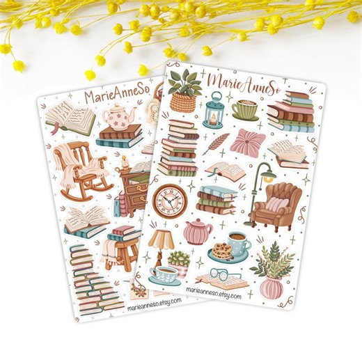 Cozy Library Sticker Bundle | Cottagecore Sticker | Scrapbooking | Junk Journal | Bookish Sticker | Reading | Hygge Sticker - Etsy