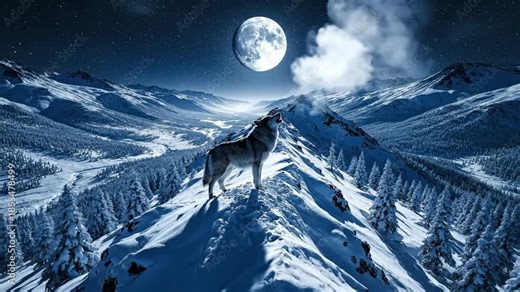 Solitary wolf howls at the full moon from a snowy mountain ridge under the night sky