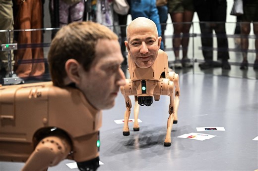 'We should be interested in what these people are like and how they behave': these AI slop-pooping robot dogs with the heads of Musk and Bezos by the artist Beeple can be seen in a Berlin museum — and they pose nuanced questions about tech ethics