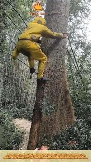 Skilled Worker Climbing Tree Using Spikes for Controlled Harvesting Process