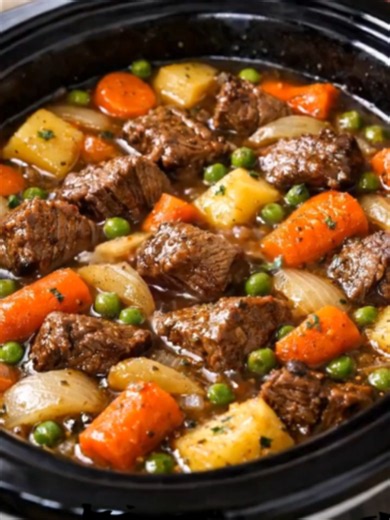 🥩 Classic Slow Cooker Beef Stew Hearty chunks of tender beef, potatoes, carrots, and peas in a rich, savory gravy. This comforting, set-it-and-forget-it stew is perfect for cold days or when you need a cozy, filling meal that tastes like it simmered all day! 😍 Servings: 6–8 Prep Time: 15 minutes Cook Time: 7–8 hours on LOW or 3–4 hours on HIGH Ingredients: 2–2½ lbs beef chuck roast or stew meat, cut into 1–2 inch cubes 1½ lbs baby potatoes or Yukon Gold potatoes, quartered 4–5 medium carrots, 