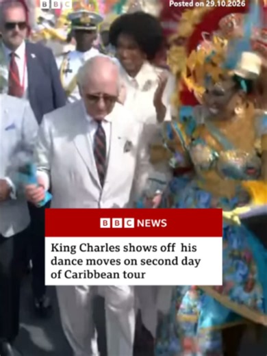 The King has shown off his dance moves in a Junkanoo - a cultural event and carnival designed to celebrate island life - on the second day of his nine-day visit to the Caribbean. #KingCharles #RoyalFamily #Bahamas #Caribbean #BBCNews