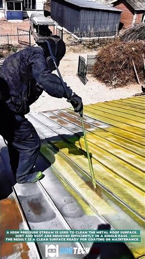Cleaning Metal Roof Surface using High-Pressure Washer for Rust and Dirt Removal