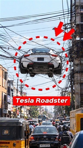 South Asian Traffic vs Tesla Roadster! 🚀🤯 The Craziest Flight Ever! 😂⚡#teslaroadster #flyingcar