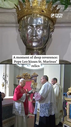 Pope Leo kisses the relics of San Marino during his Apostolic Journey