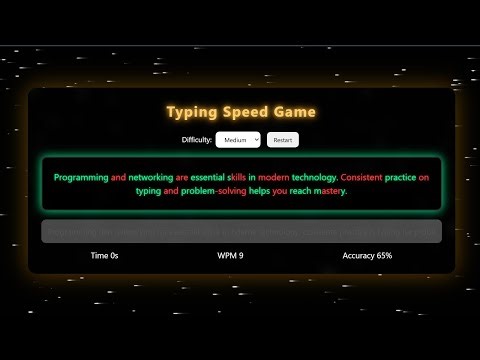 Advanced Typing Speed Game. HTML CSS JavaScript | Easy, Medium, Hard Levels + Animated Background