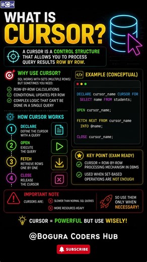 What is Cursor | Cursor in SQL 🔥 Row-by-Row Processing Explained in 10s! | SQL Cursor Explained 🔥