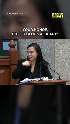 UWIAN NA ⏰ 😆 Defense counsel Kristine Ferrer lightened the mood in the Senate impeachment court when she asked presiding officer Chiz Escudero whether she should continue her cross-examination, noting that it was already 6PM.