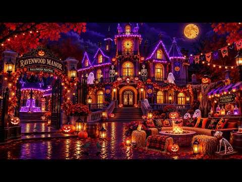 Warm Autumn Jazz at a Haunted Manor Ambience 🎃 Fire Crackles, Falling Leaves & Spooky Night Sounds