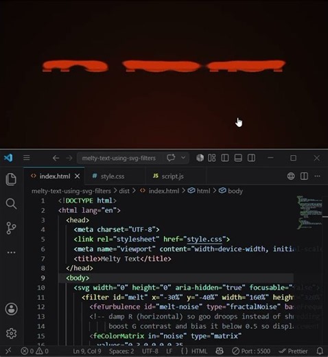 How to create Melty text by using HTML,CSS and JAVASCRIPT in VS code.