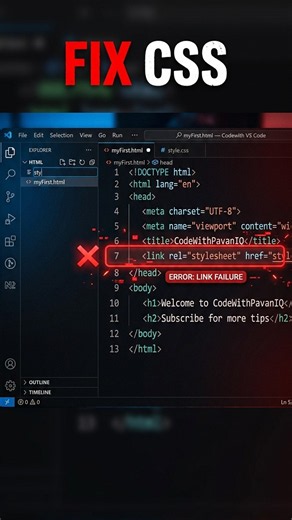 How to link CSS to Html in Visual Studio code in 10 Sec🚀 | html beginner tutorial #shorts #css #html
