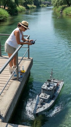 realistic remote control military boat cruising through crystal clear water. The details are insane