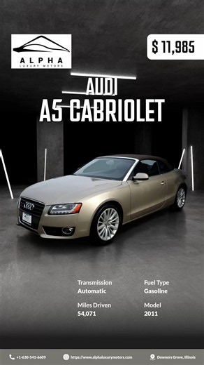 Want open-air driving without giving up everyday comfort? This 2011 Audi A5 Cabriolet pairs an automatic transmission with a power-operated convertible top and heated front seats—nice touches for making more of the drive in different seasons. It has 54,071 miles and is listed for $11,985. 📍 Downers Grove, Illinois 📞 1-630-541-6609 🔗 Website: https://www.alphaluxurymotors.com/detail.aspx?iid=23100088 Questions about this A5? Give Alpha Luxury Motors a call. #AudiA5Cabriolet #AudiCabriolet #Dow