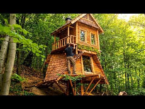 Primitive Survival: I Built a Beautiful Wooden House in the Jungle (Full Process)