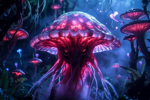 Prompt Share, remember mine was made in Grok Speed mode. Expand for full prompt 👇wide gentle shot of a terrifying alien creature with bizarre highly translucent gelatinous bell-shaped body revealing slow-pulsing deep void organs and long trailing ribbon tendrils that stir the mist ominously in a vibrant misty alien bioluminescent rainforest at night, semi-translucent gelatinous skin with subtle iridescent sheen, intense bioluminescent crimson and void-purple pulsing patterns across the bell and