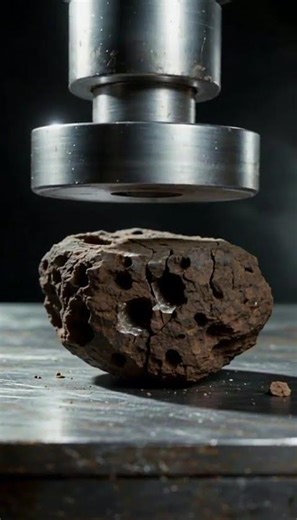 Hydraulic press crushes lava rock revealing sparkling crystal explosion