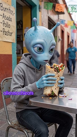 Alien Mochi Tries a Real Mexican Burrito for the First Time 🌯 | Street Food ASMR