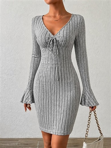 Femmes Mini robe Robe Pull Élégant Mode Classique Quotidien Vacances Mince Uni manche longue Col en V Grise Automne Hiver de 2026 ? $28.99