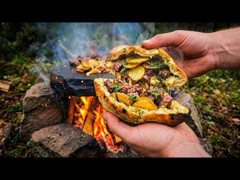 GIANT Skirt Steak & Cheese Bread Baked in Campfire ASHES | Outdoor Cooking