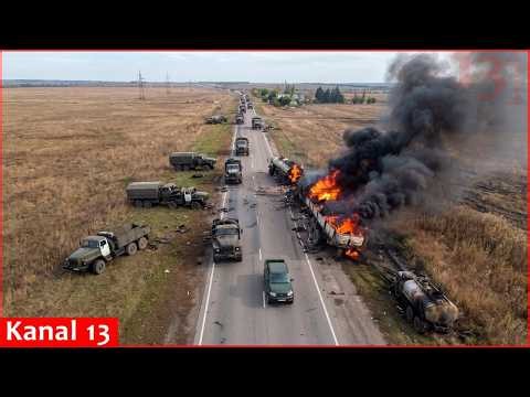 Russian convoy caught in Ukrainian drone ambush - vehicles crushed in blazing assault