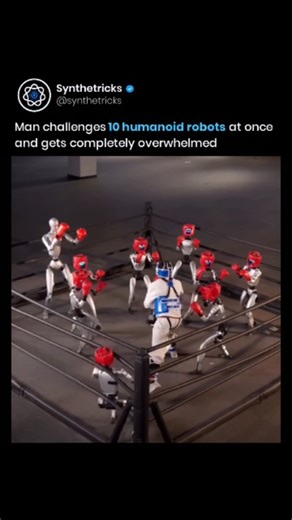 Synthetricks™ | AI | Future Tech on Instagram: "One human vs. ten humanoid robots: this changes everything. 🤖⚠️ A man faces ten humanoid robots at once in a controlled robotics demonstration, revealing how quickly advanced robotics and artificial intelligence can outmatch human strength, endurance, and reaction time. The robots are programmed to coordinate movement, recover balance after impact, and apply consistent force without fatigue, showcasing how modern robotics systems operate with prec