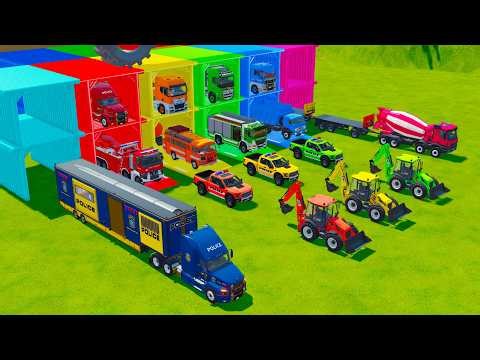 TRANSPORTING POLICE VEHICLES, FIRE ENGINE, RESCUE TRUCK & BACKHOE LOADER TO GARAGE - FS22