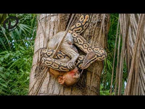 Python Attacks Baby Monkey: Baby Monkey Strangled and Hanging High Above the Ground | Animal Fight