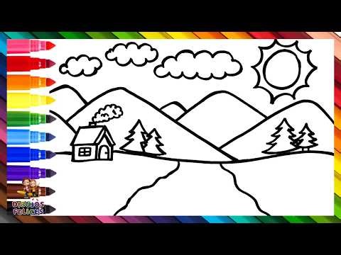 Dibuja y Colorea Un Paisaje De Montaña Muy Fácil 🏠🌲🏞️🌊⛅🌈 Dibujos Para Niños