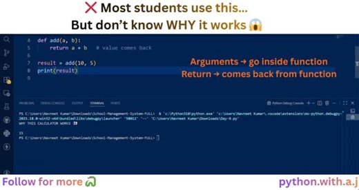 ai.with.python on Instagram: "Why does your calculator program work? 🧠 Because functions don’t just print values — they RETURN them. This is the real logic behind every Python program. 💾 Save this if functions confuse you 👨‍💻 Follow for Python explained simply #pythonfunctions #learnpython #pythonlogic #codingforbeginners #pythonreels #programmingstudent #pythonlearning"