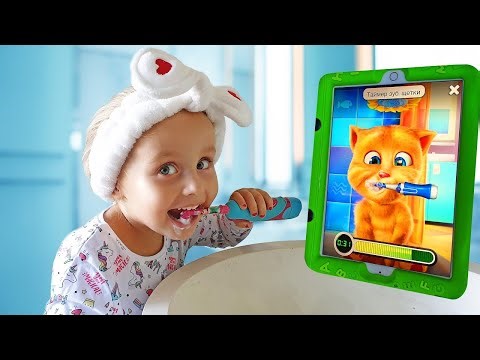 Alice and Eva play with Talking Cat and do their morning routine