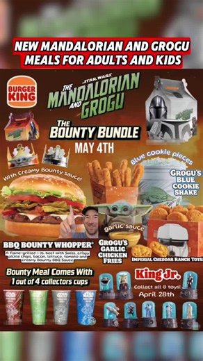 Burger King has new Mandalorian and Grogu meals dropping on Star Wars Day for adults AND kids and these look absolutely amazing! First up for grown ups is a whole new menu that includes the BBQ Bounty Whopper, Grogu's Blue Cookie Shake, Grogu's Garlic Chicken Fries, and Imperial Cheddar Ranch Tots. If you get the bundle it also includes one of four collectible cups, a Bounty Box, and they even have special crowns. Then for the kids they have a new King Jr meal that includes eight collectible Man