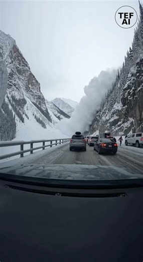 Dramatic dashcam footage recorded in the Rocky Mountains shows a powerful avalanche racing down a snow-covered slope and spilling onto a roadway, engulfing several vehicles. The video captures traffic slowed or stopped when a sudden surge of snow and debris pours onto the road, quickly reducing visibility and trapping cars in place. As the avalanche intensifies, drivers activate hazard lights and some can be seen exiting their vehicles, moving away from the roadway as blowing snow fills the air.