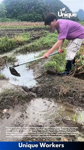 Farm Irrigation Maintenance: Man Using a Hoe to Dig an Irrigation Ditch
