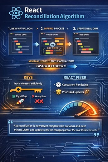 ⚛️ React Reconciliation Algorithm – Explained Simply React uses the Reconciliation Algorithm to update the UI efficiently. Instead of re-rendering the whole DOM, React creates a Virtual DOM, compares it with the previous one (diffing), and updates only what changed. 🔹 Key Points Uses Virtual DOM for faster UI updates Compares old vs new tree (diffing) Uses keys to track list items efficiently Minimizes real DOM operations (performance boost 🚀) 📌 Better understanding = better performance optim