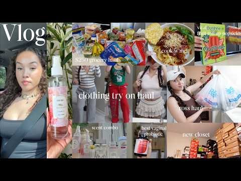 vlog- try on clothing haul + $250 grocery haul +cook w me +viral popsicles +scent combo +etc.