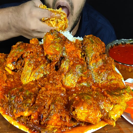 Eating 6 Whole Fish Curry, Chili, Onion, Tomato With Basmati Rice 😍😋 | Eating Express
